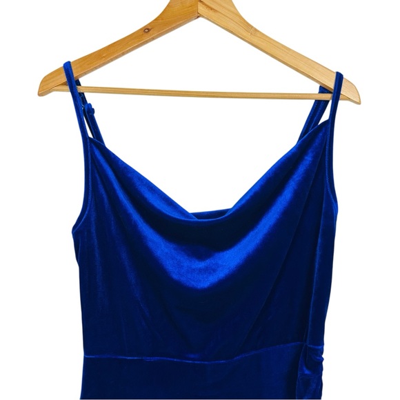 Double Crazy Cowl Neck Ruched Velvet Stretchy Bodycon Cami Mini Dress Blue M - Picture 8 of 13